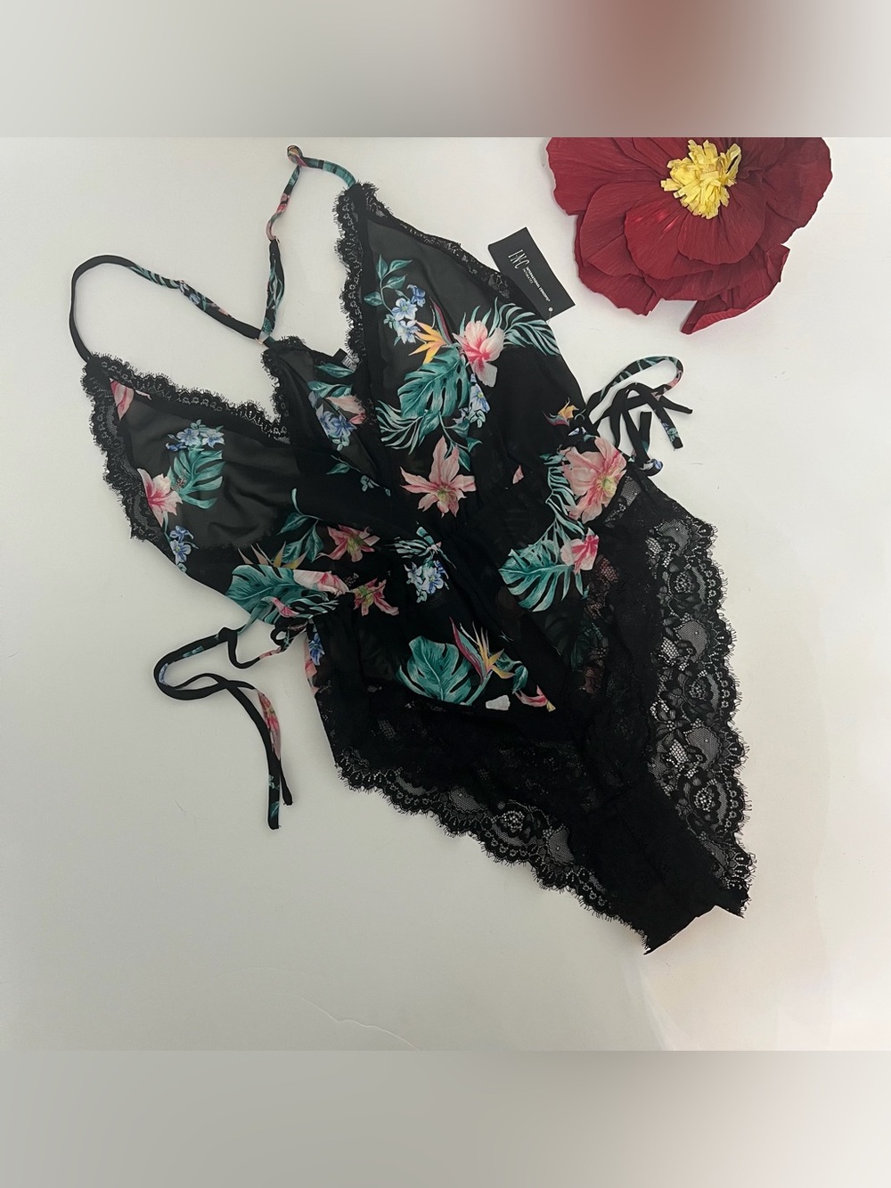 INC Black Multi Color Tropical Patterns Lace Trim Teddy Lingerie - Reemoly